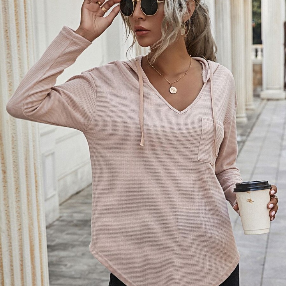 Cozy Blush v neck waffle knit long sleeve hoodie top - Picture 9 of 9